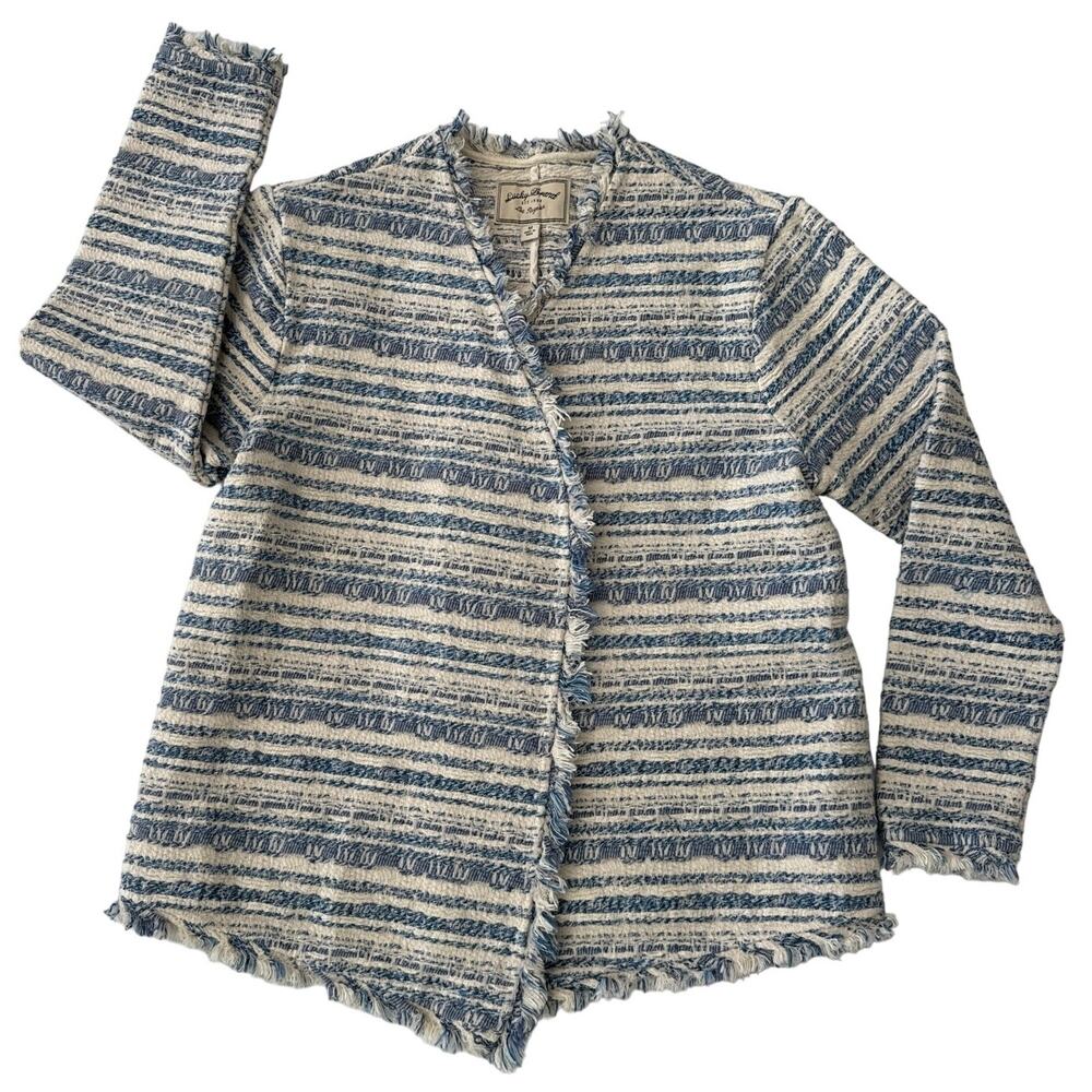 Lucky Brand tweed striped blue & cream open front fringed jacket size medium